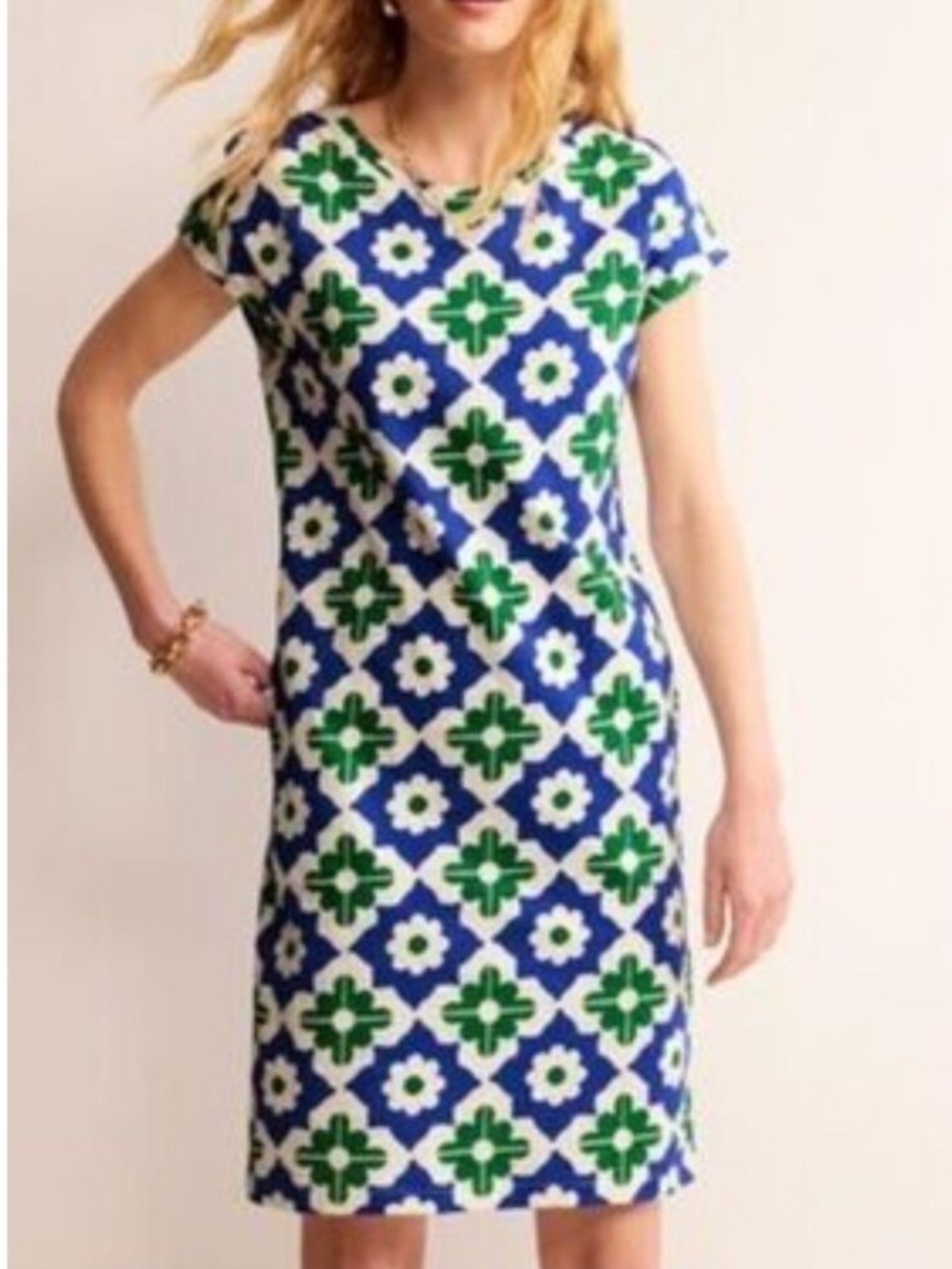 Boden Womens 100% Cotton Cap Sleeve Leah T-Shirt Dress Blue & Green Print Preppy